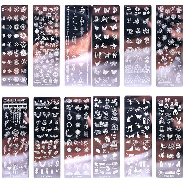 12 PCS Nail Stamp Templates,Nail Stamping Plates Set, 1stamper 1scraper 20Fake Nails- Art Stamping with Flower Butterfly Animal Design Metal Image Nail Plates for Decorating Kit Polish Gel Template