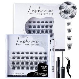 JGLashes - Lash me The DIY kit. Kit de extensiones de pestañas en casa, racimos de pestañas medidas 8-12 mm, curvatura C, banda invisible, incluye Bon