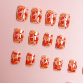 Fall Maple Leaf Press on Nails Short Square Full Cover Red Orange Gradient Maple Leaves with Design Autumn Thanksgiving False Nails Glossy Acrylic Nails Fall Stick on Nails Artificial Nails for Women