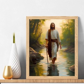 Natuyalo Paint by Numbers Kit for Adults Beginners and Kids, 16" Wx20 L Canvas Pictures Drawing Acrylic Paintwork with 3 Pcs Paintbrushes, Jesus Walking in The Rriver