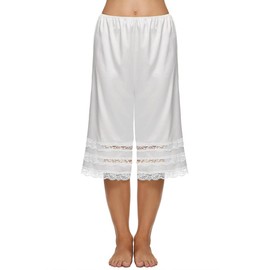 Women Loose Half Slip Shorts Loose Fit Lace Trim Pettipants Culotte Slip Bloomers Split Underwear Shorts (B-White, M)