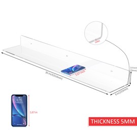 Sezanrpt 36 Inches Clear Long Floating Shelves for Wall, Acrylic Long Wall Shelf, Wall Mounted Shelves for Plants, Radio, Funko Pop, Books, Picture Frame, Clock, Cosmetics, Toiletries, 2 Pack