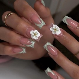 MISUD Press on Nails - Long Square Glue on Nails with Green French Tip, Acrylic Flower Design 24 pcs