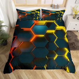 feelingyou Honeycomb Duvet Cover S Size, Hexagon Yellow Orange Neon Lights Comforter Cover Set for Boys Girls 3D Bedding Quilt Cover Set Bedroom 2 Pieces