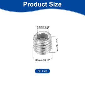 sourcing map Socket Set Screws,50Pcs M3x3mm Metric - 316 Stainless Steel Hex Socket Set Headless Cup Point Grub Screws,for Repairing Compact Instruments, Machinery and Equipment (Silver)