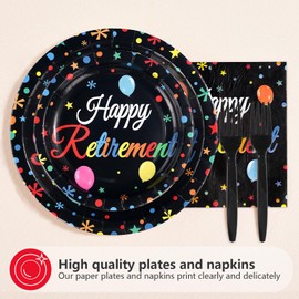 200Pcs Happy Retirement Party Decorations Colorful Retirement Plates and Napkins Tableware Set Black Retired Theme Decorations for Men Women Going Away Office Retired Farewell Party Supplies Serves 50