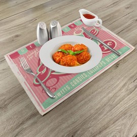 Lunarable 1950s Place Mats Set of 4, Bubble Gum Tasty Candy Lollipop Sugar Advertise Poster Style Print, Washable Fabric Placemats for Dining Table, Standard Size, Green Pink