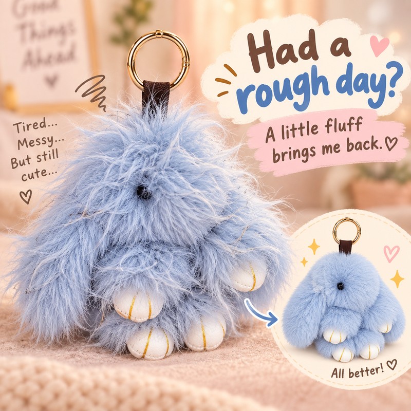 Fluffy Bunny Keychain for Bags & Keys – Messy or