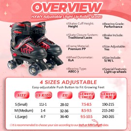 HXWY Kids Roller Skates for Boys Girls Child, Adjustable 4 Sizes Roller Skates for Kids and Youth with Light Up Wheels, Quad Black & Red Roller Skates for Sports (Big Kid 1Y-4Y)