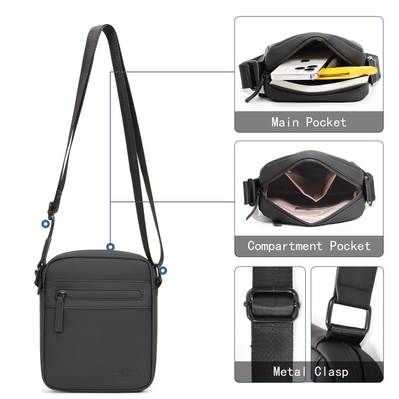 Lemuvlt Small Messenger Bag for Men PU Waterproof Crossbody Bag