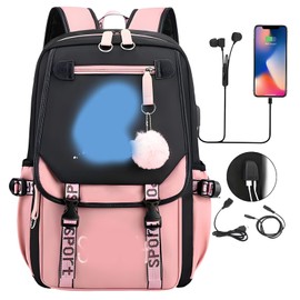 Suffolly Anime School Bags,Large Capacity Cartoon Backpack With 2 USB Port Backpack Lunch Travel Rucksack18.8 * 11.8inch for Primary Secondary,for Girls Boys