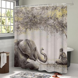 FuShvre Zen Shower Curtain Set Elephant Monk Under Pipal Tree Bath Curtain Peaceful Bathroom Decor Hooks Included 72"x72"