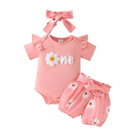 Newborn Infant Baby Girl 1st Birthday Outfit One Year Old Ruffle Short Sleeve Romper Bodysuit Shorts Set with Headband(Pink,3-6M)