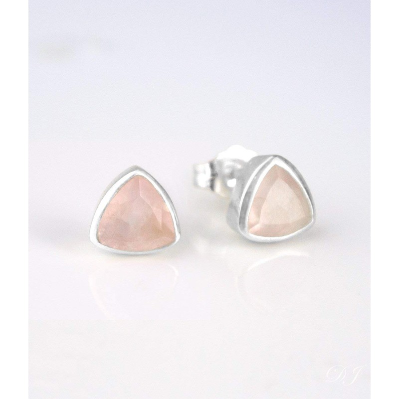 Pink Quartz triangle stud earrings, everyday earrings, Vermeil Gold bezel