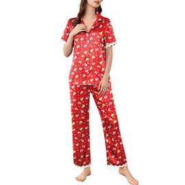 Ekouaer Womens Silk Satin Pajamas Set Button Down 2 Piece Pjs Short Sleeve Long Pants Sleepwear Lounge Set, Christmas, XXL