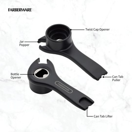 Farberware Professional 5-in-1 Multi-Opener Tool, Ergonomic Handle, Durable Metal and Plastic Construction, Opens Cans, Jars, Bottles and More