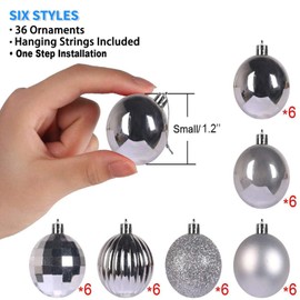 Christmas Ornaments, 36 Pieces, Ball Set, Diameter 1.6 inches (4 cm), Scandinavian Style, Glitter, Shatterproof, 6 Types of Surface Treatments, Hook Included, DIY, Christmas Tree, Decoration, Room, Coffee Shop, New Year, Home Atmosphere, Decoration (Silv