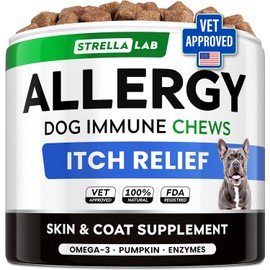 STRELLALAB Dog Allergy Relief & Anti Itch Support Chews w/Omega 3: Real Ingredients, Real Taste! Skin & Coat Immune w/Fish Oil, Pumpkin & Enzymes — Developed by Experts - Made in USA - 60Ct