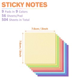 (9 Pack) Sticky Notes 3x3 Inches Colorful Sticky Notes，Super Sticking Power Bright Colors Self-Stick Pads，Easy to Post for School Supplies and Office Products，56 Sheets/Pad,504Sheets