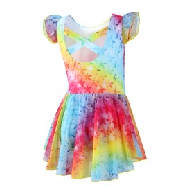 DIPUG Girls Ballet Leotards Toddler Dance Leotard Flutter Sleeve and Criss-Cross Back Rainbow
