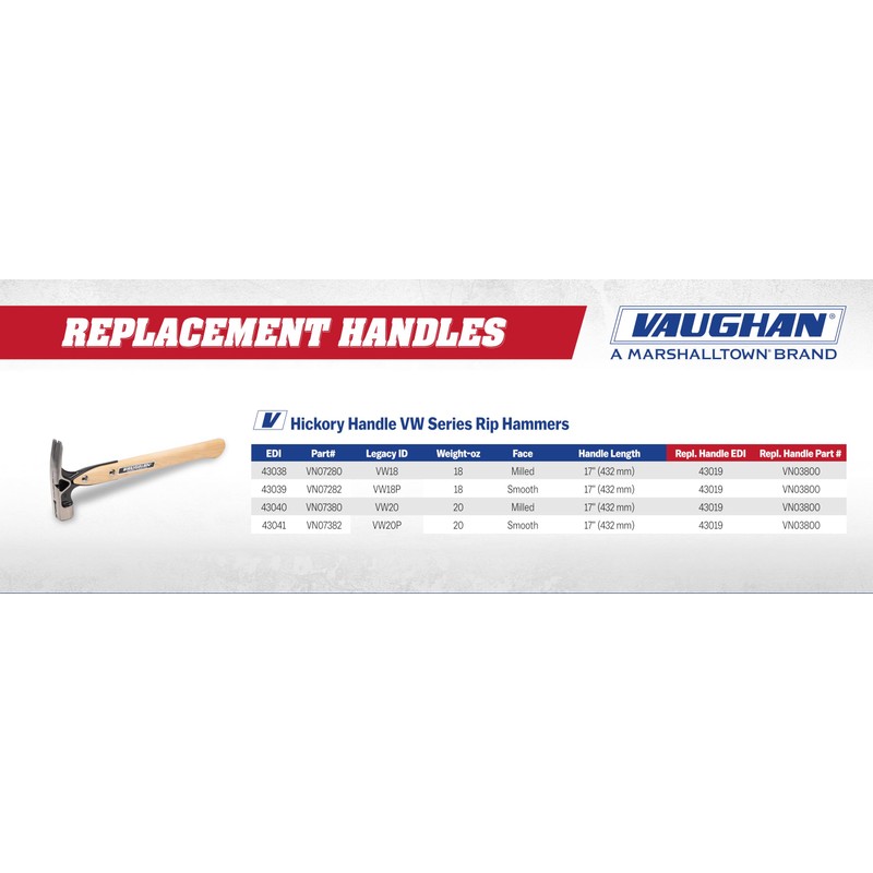 VAUGHAN DALLUGE Replacement Hammer Handle, Made In The USA, 3800,