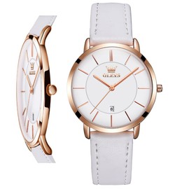 OLEVS Women Watches Ultra Thin 6.5mm Minimalist Dress Fashion Leather Strap Quartz Waterproof Casual Women Wrist Watch White