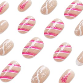 Christmas Press on Nails Short Oval Fake Nails with Pink Christmas Tree Snowflake Designs White French Tip Press Nails ons Glossy Glue on Nails Glitter False Nails Nude Stick on Nails for Women 24 Pcs