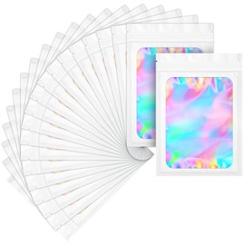 ZRLEI 100 pack mylar bags holographic smell proof packaging bag for small bussiness resealable zipper sealable pouch bags sample, jewelry, lipgloss, food,soap,electronic supplies（6.3×9.4 inch,white）