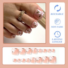 Pack of 24 False Toenails, Short Square, 12 Sizes, Nude Artificial Toenail Tips with Flowers & Leaves Designs, French Toenails for Sticking, Acrylic Toe Nails for Women
