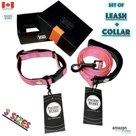 Pacific Husky Dog Collar & Leash Set - Adjustable Nylon Collar with Matching Leash - Reflective Straps - 5ft Long - 360 Rotating Metal Hook - Gift Combo (S, Pink)