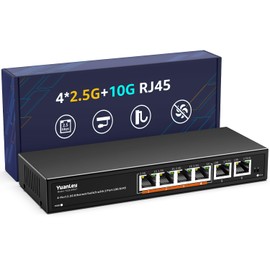 6 Port 10G Ethernet Switch Unmanaged, 4 x 2.5G Base-T Ports, 2 x 10Gb RJ45 Ports, Compatible with 100/1000/2500Mbps, Metal Fanless, VLAN, YuanLey 2.5Gbe Network Switch for 2.5G/10G NAS, Wireless AP