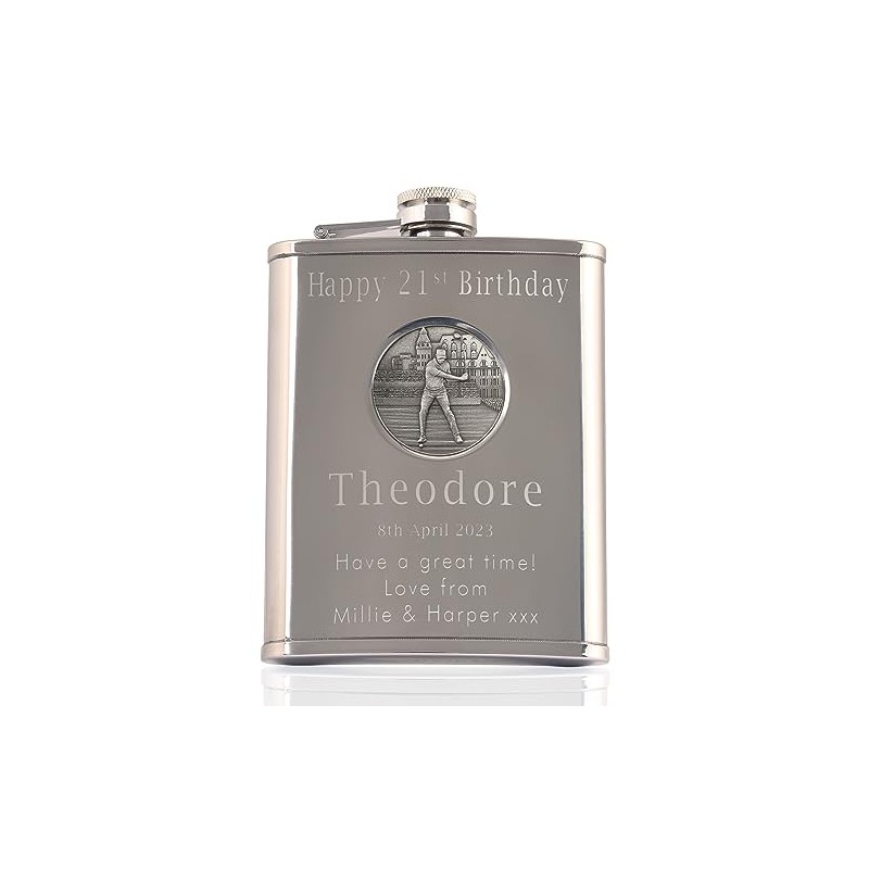 Mens 21st Birthday Stainless Steel Engraved Hip Flask with Solid