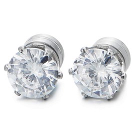 Mens Womens Magnetic Cubic Zirconia Stud Earrings, Steel, Non-Piercing Clip On Cheater Fake Ear