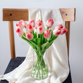 Peach Color Tulips Artificial Flowers with Vase, 15 Pcs Faux Tulip Stems in Vase, Real Feel PU Flowers Arrangement Suitable for Kitchen Living Office Spring Decor, Centerpiece Table Decorations