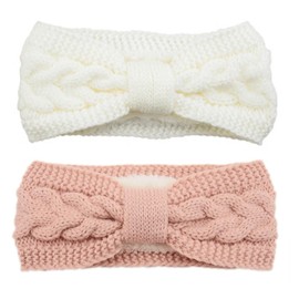 YOFASEN Pack of 2 Women's Winter Headbands, Lined Fleece Hair Bands, Elastic Headband, Ear Warmer, Hairband, Crochet Hair Accessories, Knitted Headband for Women and Girls (White + Pink)