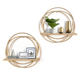 Oakrain Small Floating Shelves Set of 2, 11" Gold Wall Mounted Hanging Shelf with Metal Frame Wood Round Wall Shelves for Storage, Living Room Decor, Bathroom, Kitchen, Bedroom, Office