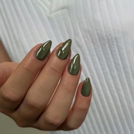 Olive Green Press on Nails Short Almond Shaped, SXVME 30 Pcs Thick Short Fake Nails Glue on Natural False Acrylic Nails Custom Solid Color Glue on Nails Medium Natural Fit Stick on Nails For Women