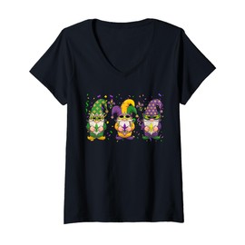Womens Three Gnomes Mardi Gras Masked Jester Hat Beads Funny Parade V-Neck T-Shirt