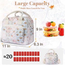 shiprabags Quilted Lunch Box for Women, Large Insulated Lunch Bag for Adult,Elegant Pink Bow Cute Portable Tote Bags for Work Travel Beach Picnic (Blue Floral Patchwork, M)