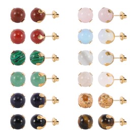 JMFENFA 12 Pairs Multi Natural Gemstone Round Pearl Ball Stud Earrings Gold Plated Stainless Steel Tiger Eye Rose Quartz Onyx Opal Stone Stud Earrings Set for Women, Stainless Steel, Tigers Eye