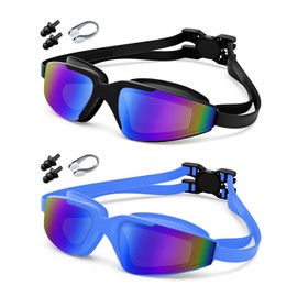 Swimming Goggles, 2-Pack Anti-Fog & UV Protection, 3D Leak-Proof Design with Mirrored Lens, Adjustable Strap for Adults & 10+ Kids, Includes Nose Clips & Earplugs - Perfect for Pool, Beach, Surfing