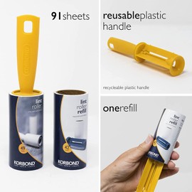 Korbond Lint Roller & Refill Set – One Lint Roller and One Large Replacement Head – 91 Sheets in Total - Suitable for ALL FABRIC TYPES
