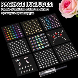 9 Sheets Face Rhinestone Stickers Set 1, Multi Shapes Flat Back Gems Star Heart Crystal Bling Face Jewel Stickers, with Makeup Glue for Eyes Face Hair Body Nails Rave Party Concert Makeup