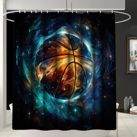 FJKJHKGJ 4PCS Boys Shower Curtain Set - Basketball Shower Curtain - Sports Shower Curtain Sets with Bath Rugs Toilet Lid Cover and 12 Hooks Basketball Bathroom Decor, Blue, 70" x 70"