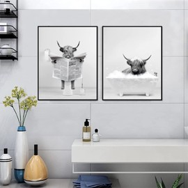 Trayosin Funny Highland Cow Wall Art in Bathtub, Black and White Canvas Picture, Rustic Style Wall Pictures for Living Room, Bathroom, Bedroom, Children's Bathroom Decor, without Frame (21 x 30 cm)