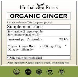 Herbal Roots Ginger Supplement | Organic Ginger Root Capsules | 1,200 mg of Pure Ginger Powder per Serving | 60 Vegan Capsules