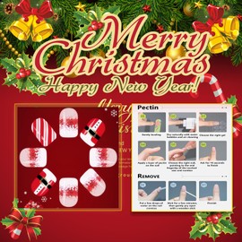 Rchovsam Christmas Nails - Short Square Press Ons Winter Xmas Red White Gradient Glitter Designs False Acrylic Nails 24pcs - Red White Stripes
