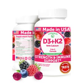 Lunakai USA Made Vitamin D3 K2 Gummies with Calcium for Women, Men & Kids - 3-in-1 Supplement for Bone Health and Immune Support, Vegan 60ct