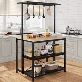kitchen Island, Bakers Rack, Island Table for Kitchen,3 Tier Microwave Stand Oven Shelf with Storage, Storage Shelf for Kitchen Dining Room Living Room,5 Hooks (Pear Wood and White, 43.7*27.9*72)