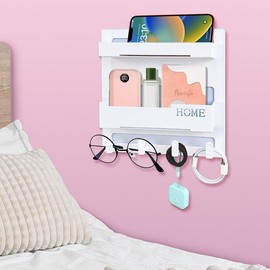 Floating Shelves for Bedside Shelf Accessories Organizer, Wall Mount Self Stick On, Cute Room Decor Aesthetic, Girls Room Decor, Cool Stuff For Bedroom Storage And Organization, Bedside Wall Organizer - Model: 4 Hooks Design-Black